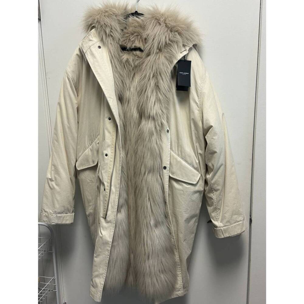 NEW SAINT LAURENT unisex british faux fur parka in sandshell